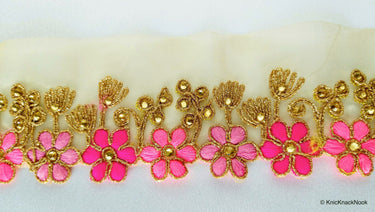 Gold Sheer Tissue Fabric Trim With Embroidered Pink & Gold Flowers, Embellished With Beads, Approx. 65 mm Wide - 210119L102
